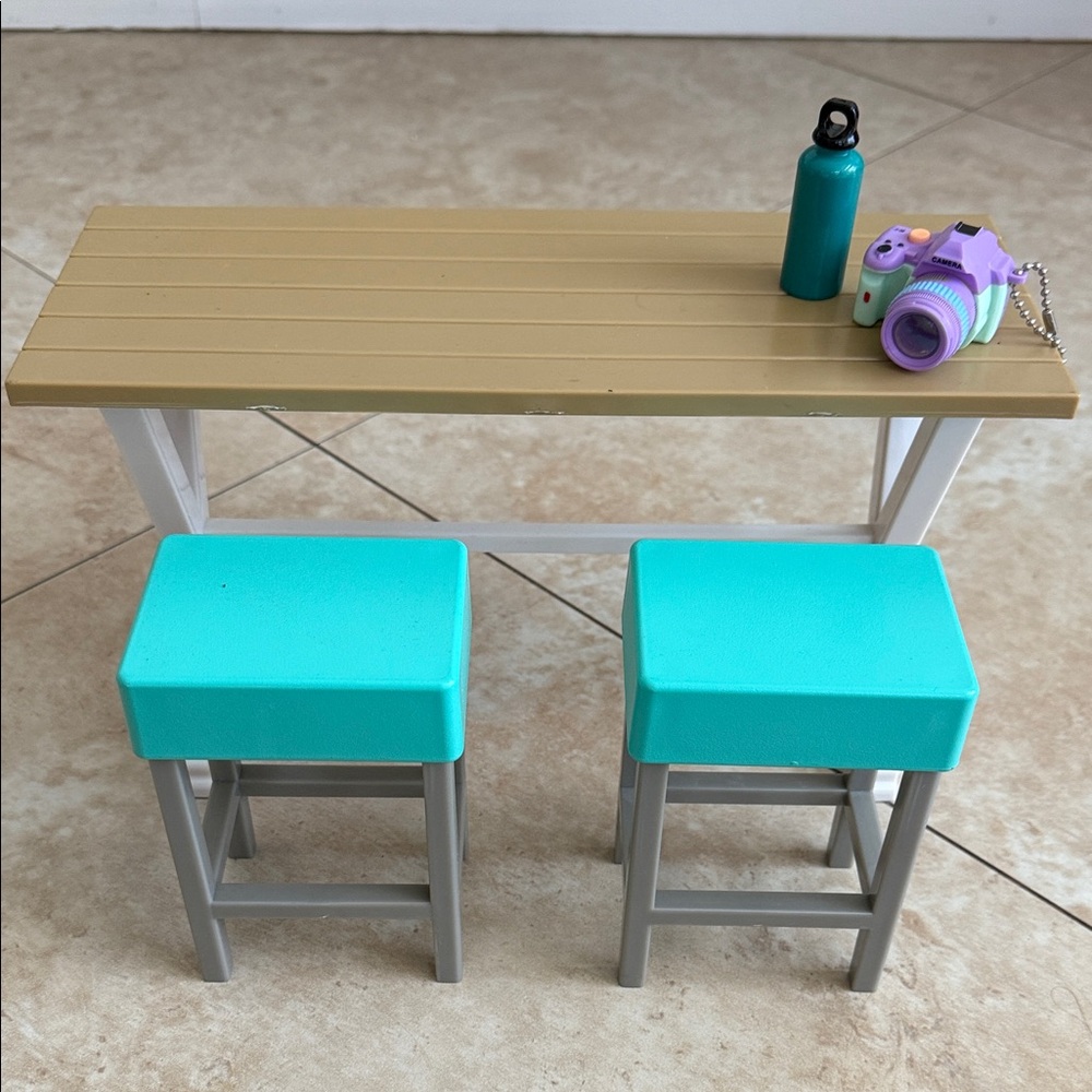Our Generation Tan picnic Table with Teal Stools and Accessories.
